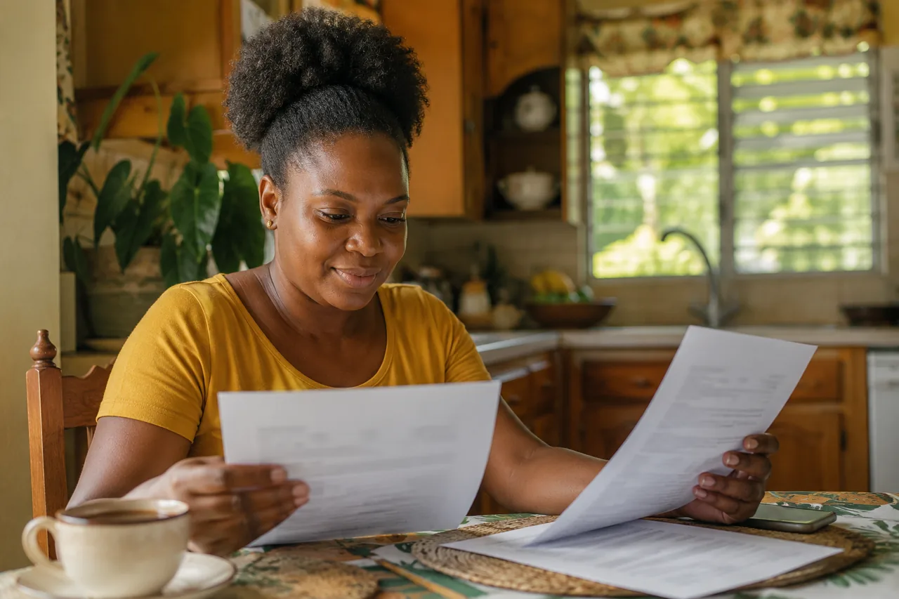 A parent calmly reviewing a caregiver's paperwork at home
